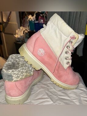 Timberland Pink and Cream Suede Lace-Up Boots